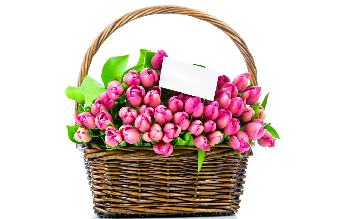 Photo wallpaper flowers, basket, bouquet, tulips, pink, romantic, tulips, spring
