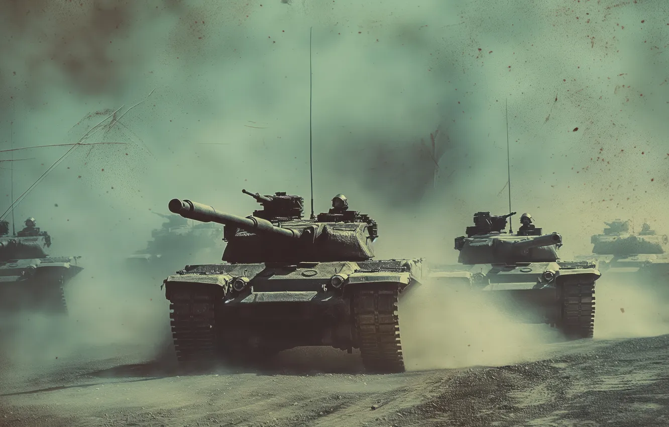 Photo wallpaper retro, smoke, dust, tank, digital art, AI art, The Art of Artificial Intelligence, neural network