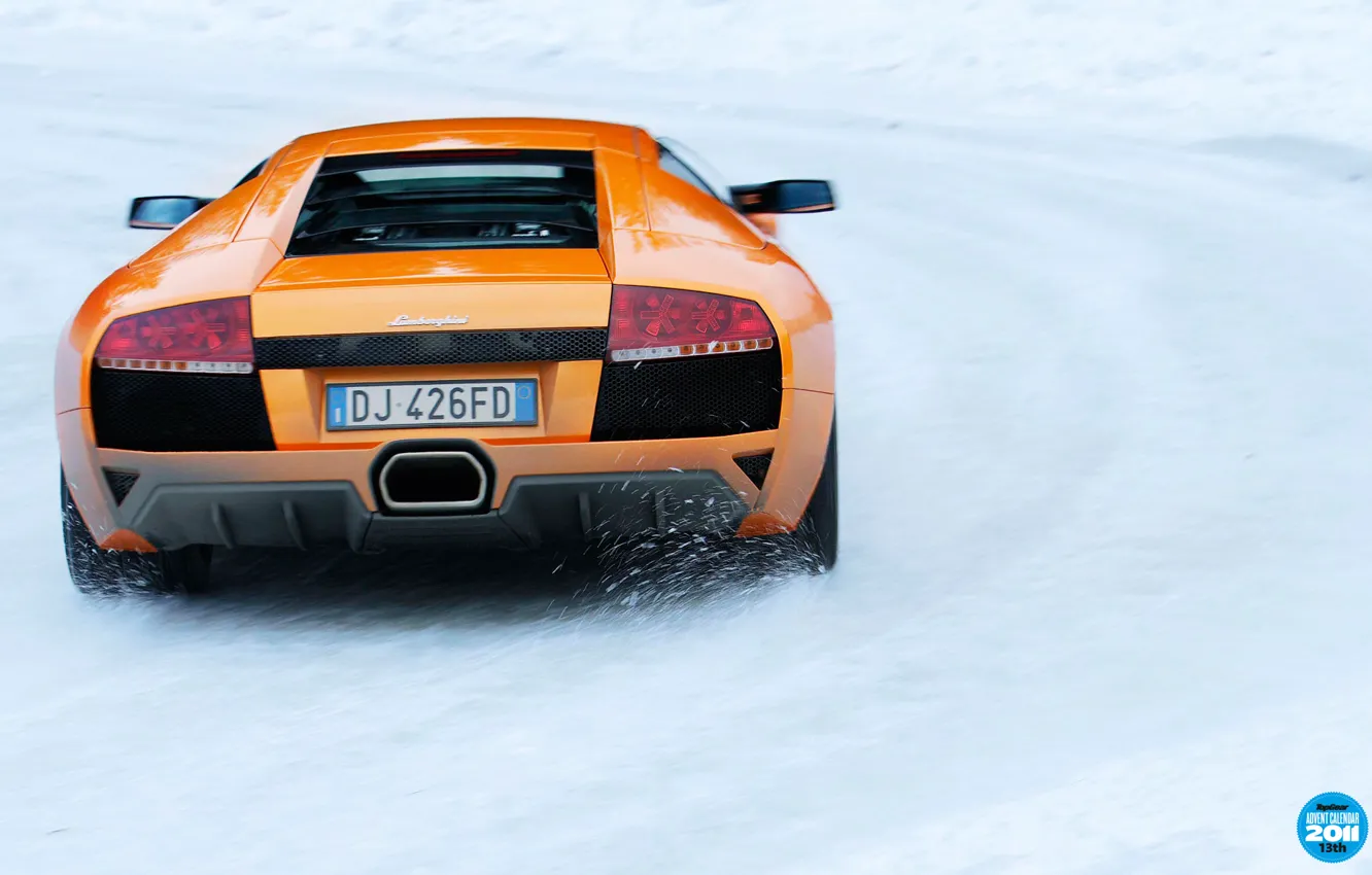 Photo wallpaper winter, road, snow, orange, Lamborghini, supercar, rear view, Murcielago