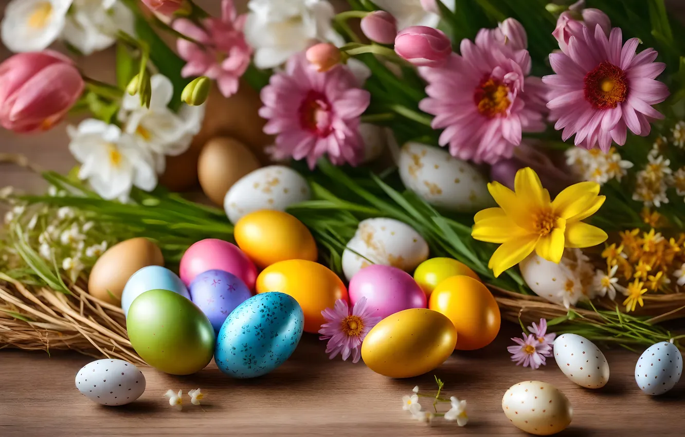 Photo wallpaper flowers, eggs, spring, colorful, Easter, flowers, spring, Easter