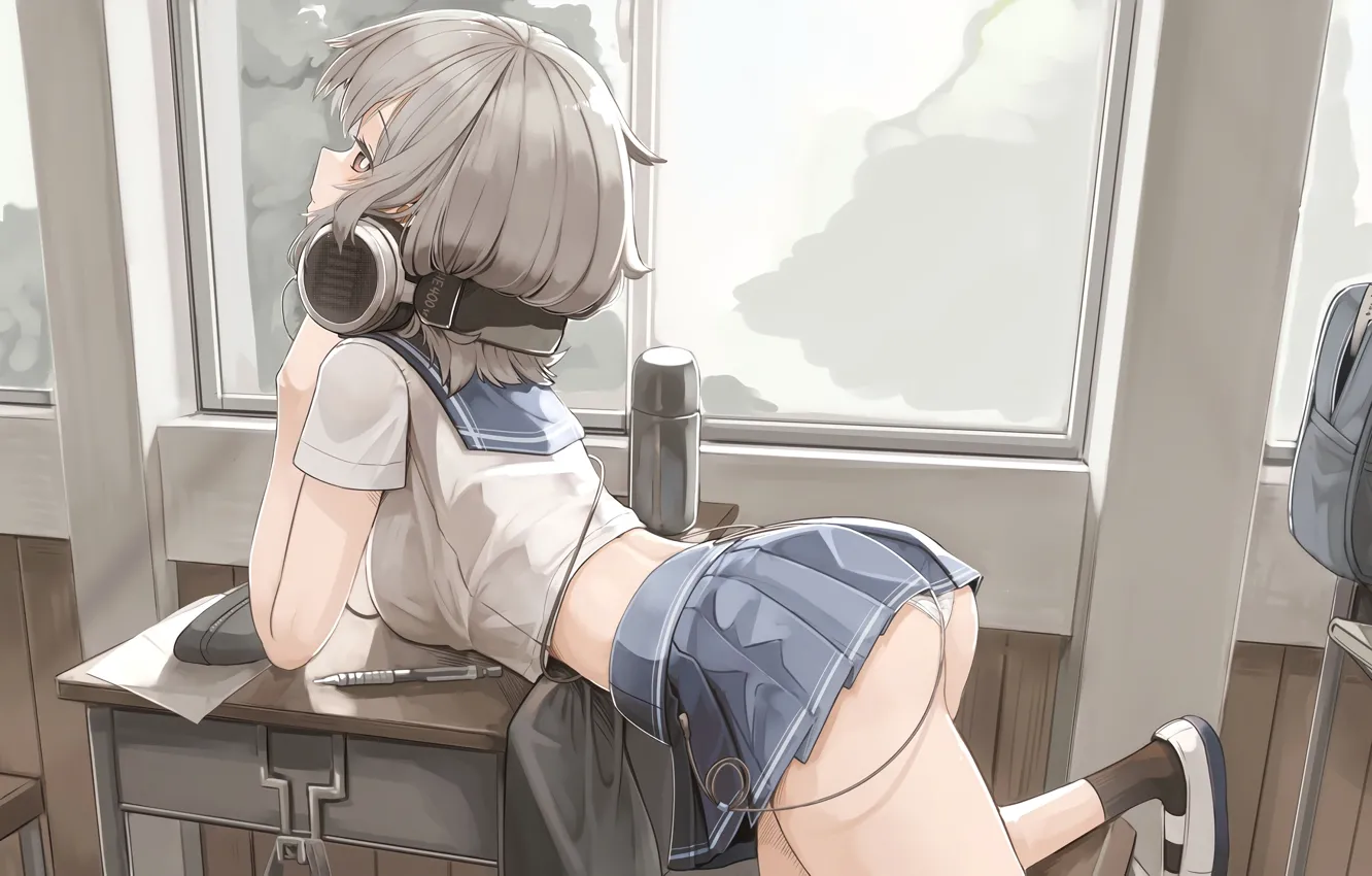 Photo wallpaper school uniform, anime, chair, women, window, digital art, shoes, anime girls