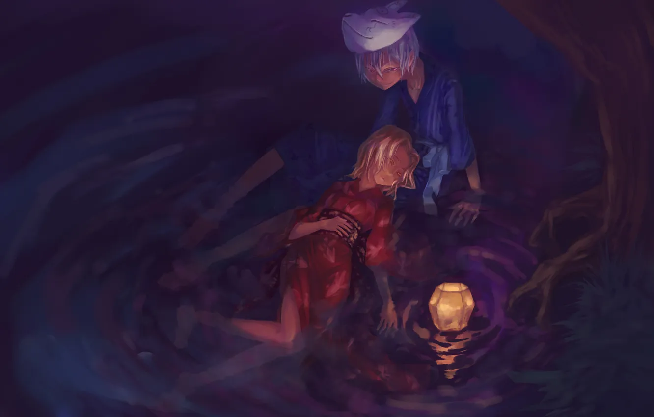 Photo wallpaper water, girl, trees, anime, mask, art, lights, guy