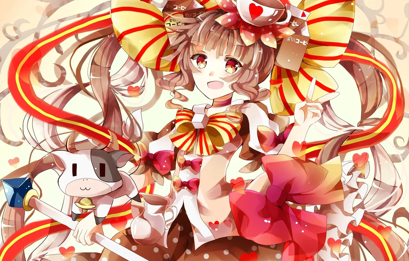 Photo wallpaper girl, animal, anime, cows, art, tape, Cup, staff