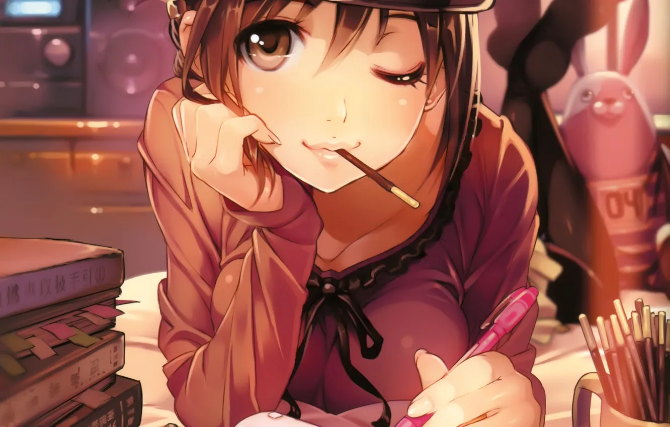 Photo wallpaper girl, anime, art, book, cap, bookmark, vania600, markers