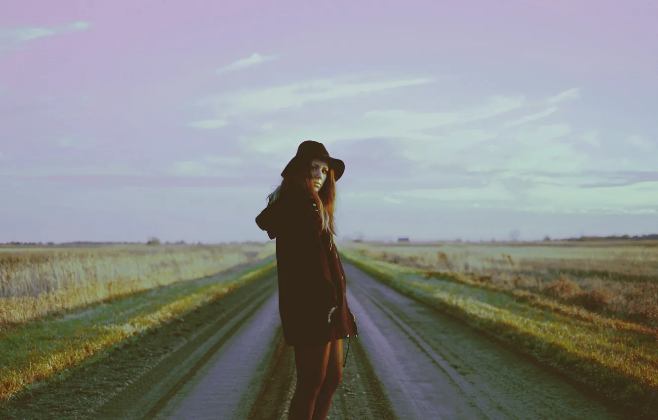 Photo wallpaper girl, road, sky, field, hat, clouds, dusk, hair