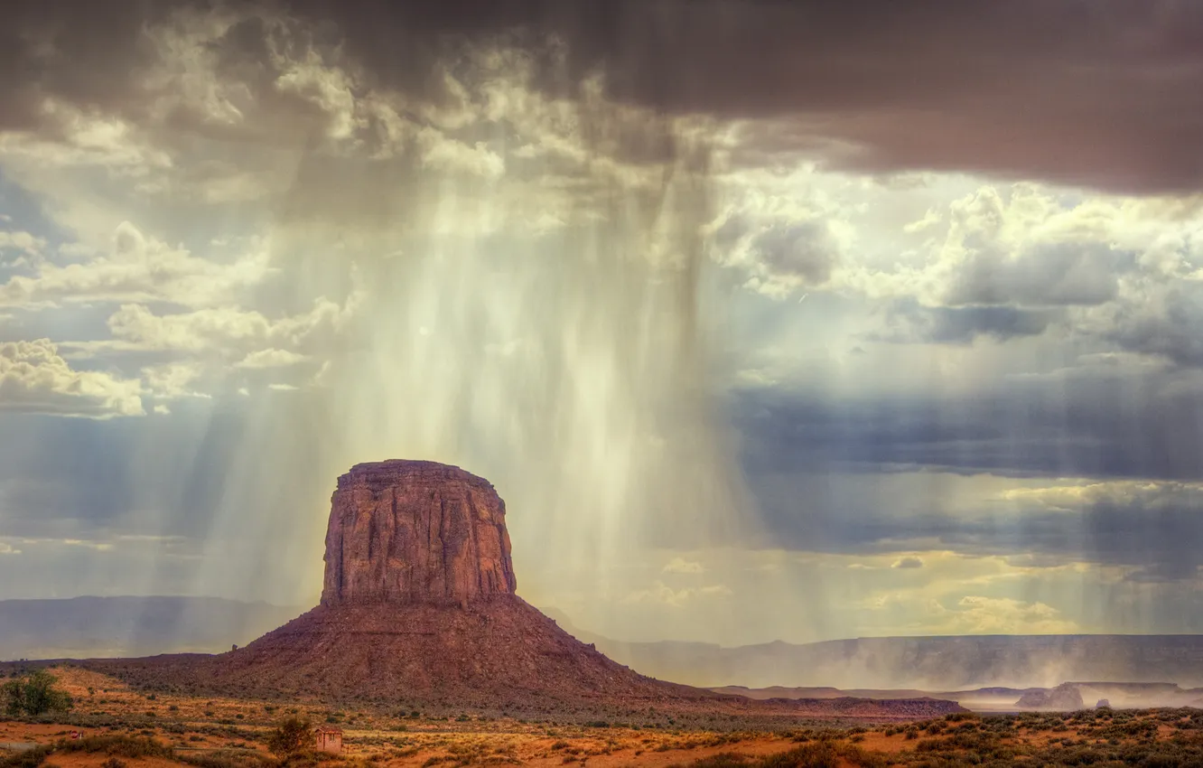 Photo wallpaper the sky, clouds, mountains, rain, the shower