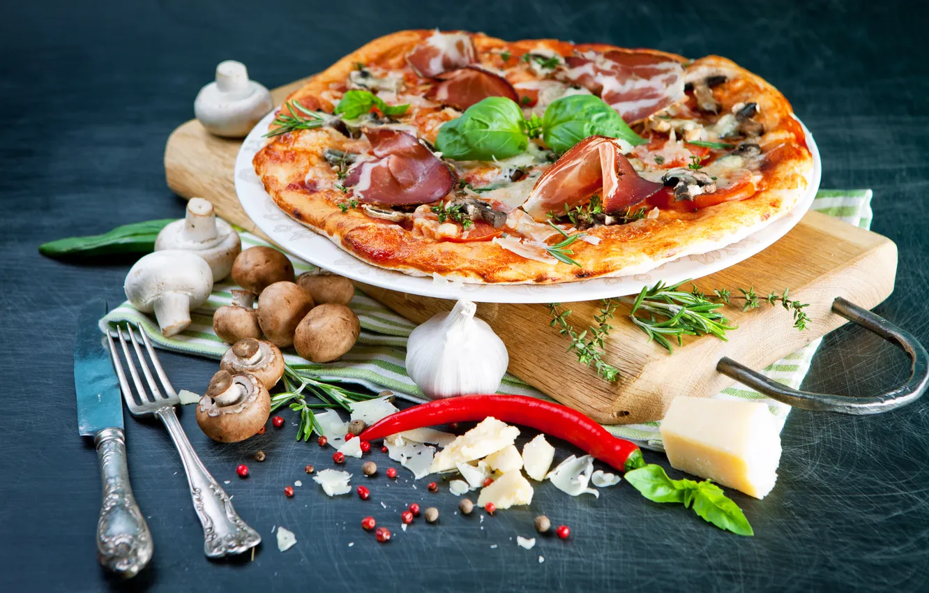 Photo wallpaper mushrooms, cheese, pepper, plug, pizza, pizza, spices, mushrooms