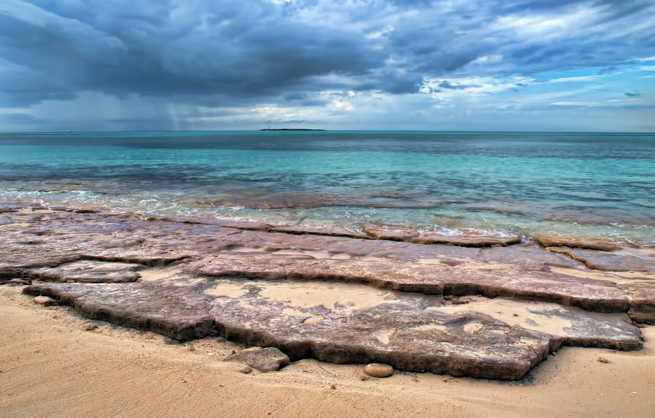 Photo wallpaper sand, sea, clouds, nature, stones, shore, island, horizon