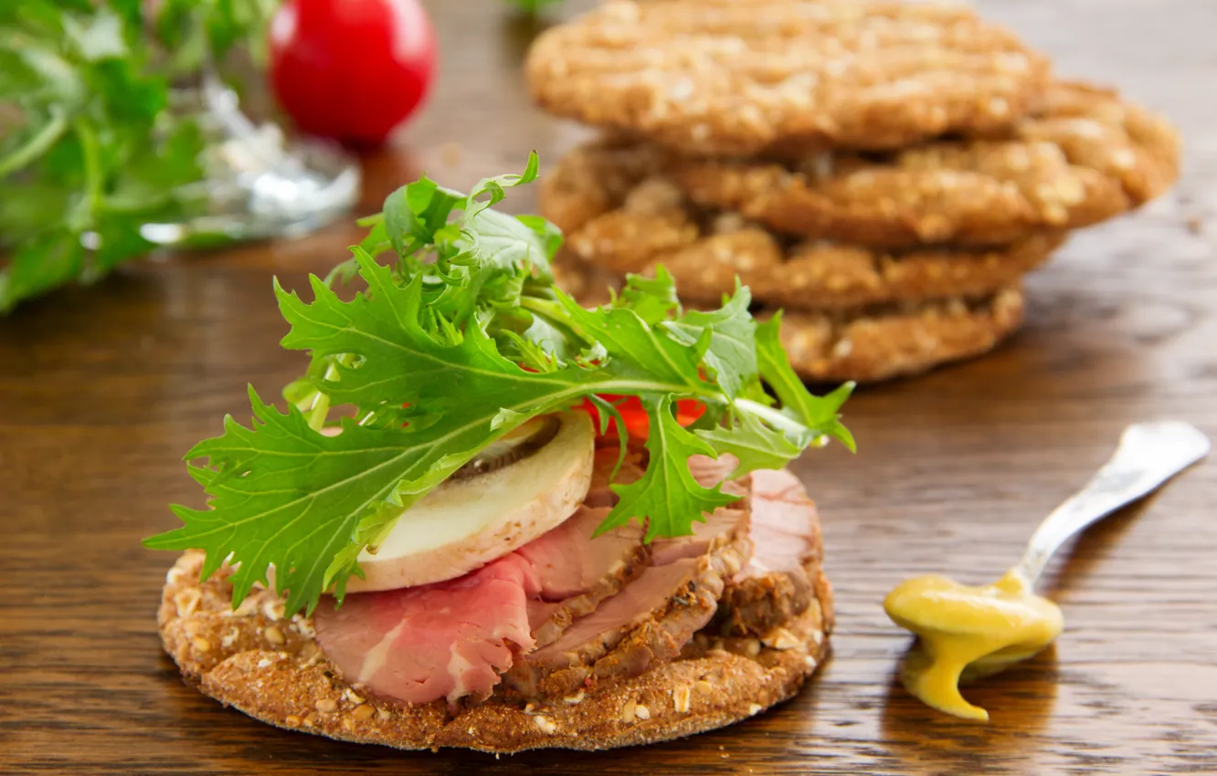 Photo wallpaper greens, sandwiches, bread with roast beef and salad