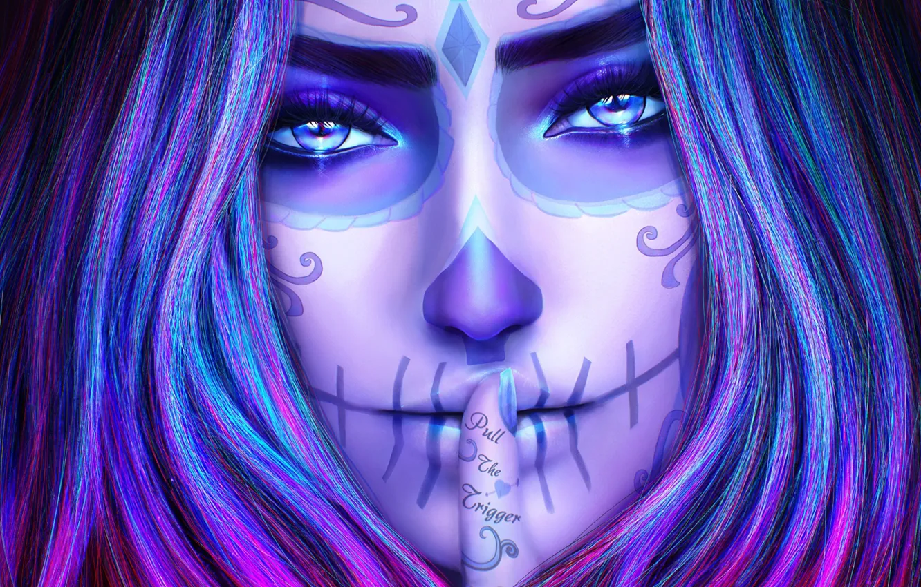 Photo wallpaper look, girl, face, skull, beauty, fingers, art, day of the dead