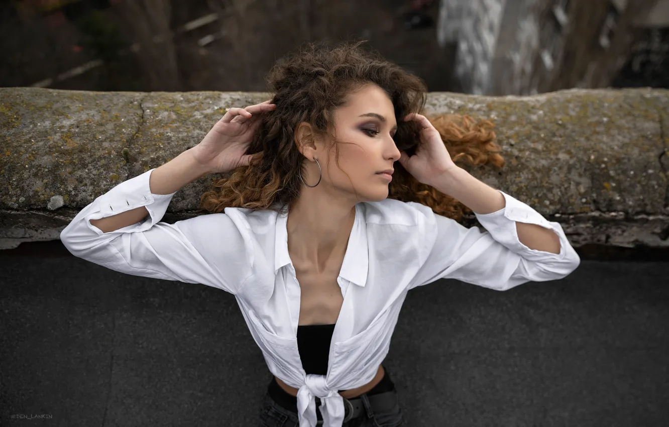 Photo wallpaper girl, pose, hands, makeup, blouse, curls, Dasha, Denis Lankin