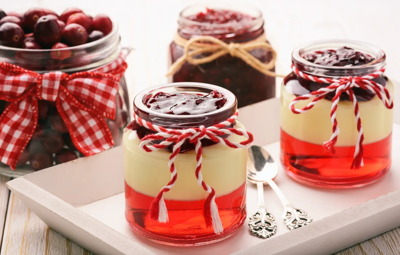 Photo wallpaper cherry, berry, dessert, sweet, jelly, cream, milk, mousse