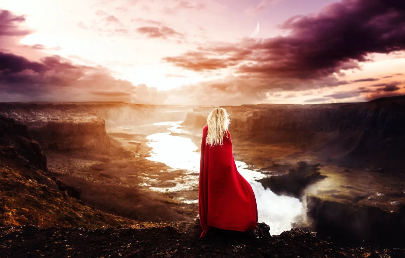 Photo wallpaper girl, red, panorama, cloak