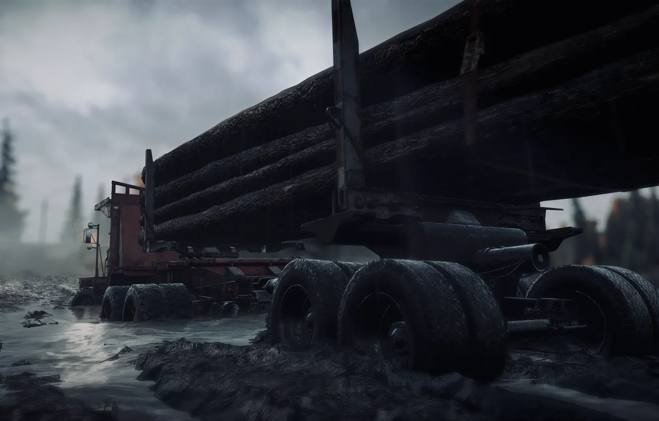 Photo wallpaper HDR, game, rain, trees, wood, water, clouds, truck