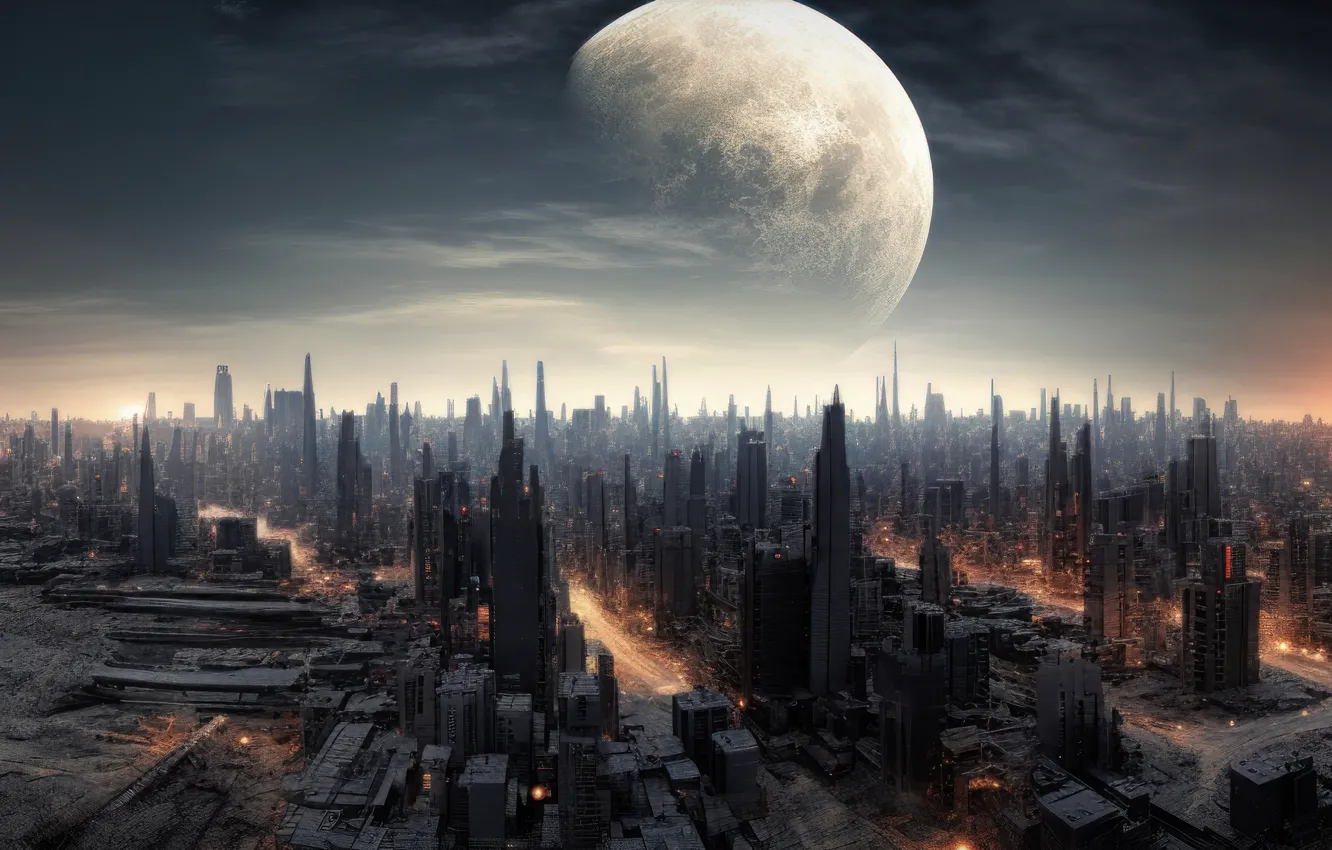 Photo wallpaper the sky, clouds, night, the city, lights, fog, fiction, view