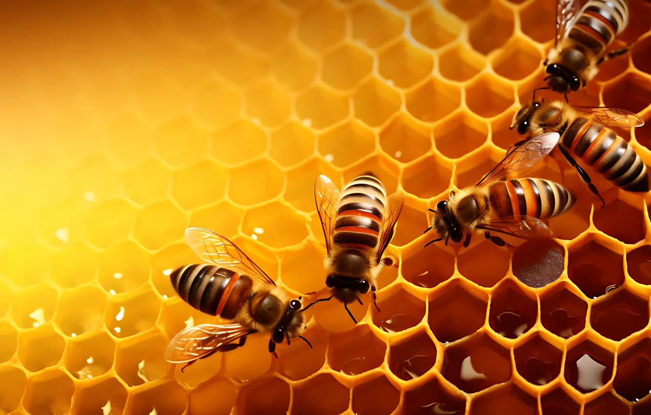 Photo wallpaper bee, cell, honey, insect, cell, beehive, AI art, neural network