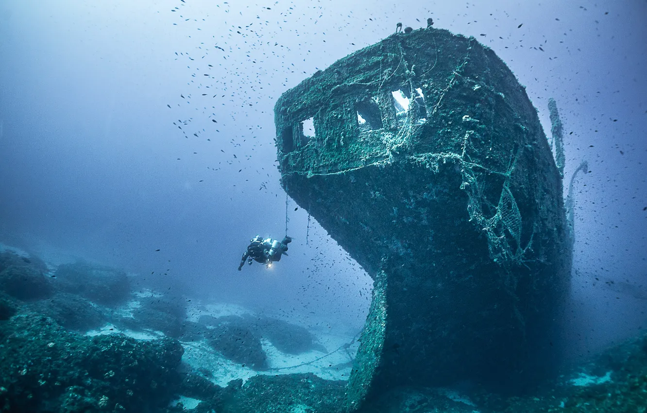 Photo wallpaper sea, Greece, the diver, under water, the bottom of the sea, Greece, wheel steamship PATRIS, …