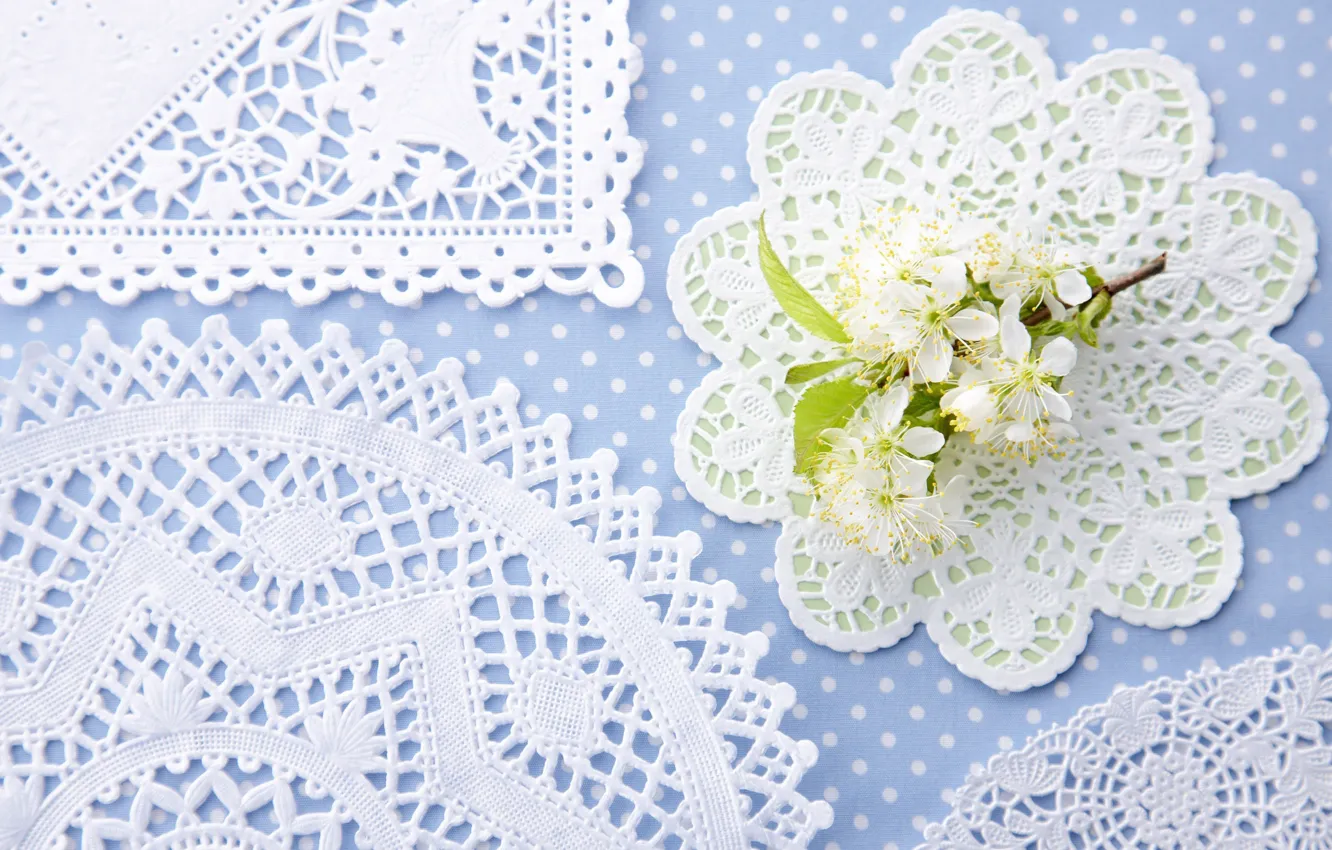 Photo wallpaper flowers, branches, lace, napkin, polka dot, fishnet