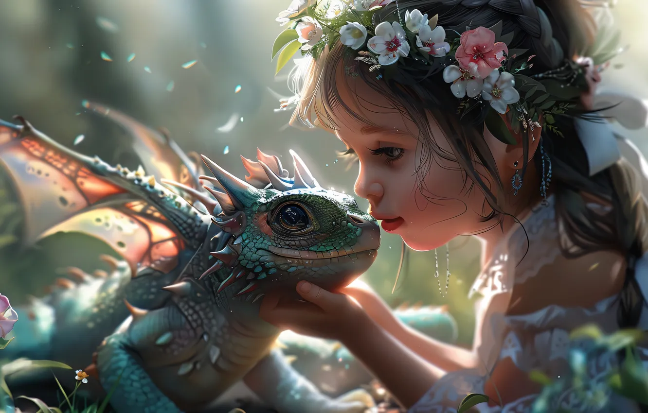 Photo wallpaper face, pose, dragon, kiss, fantasy, girl, dragon, Princess