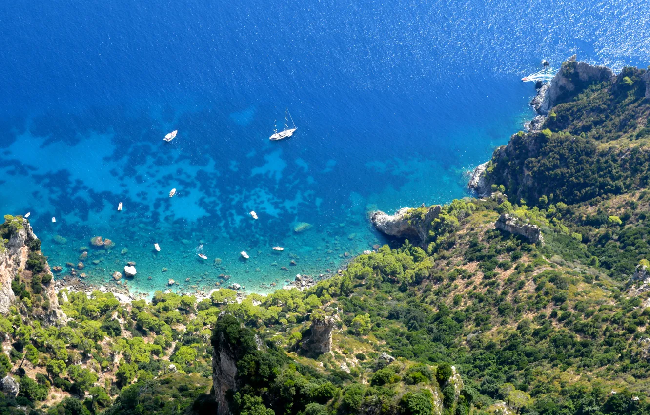 Photo wallpaper sea, mountains, shore, height, yacht
