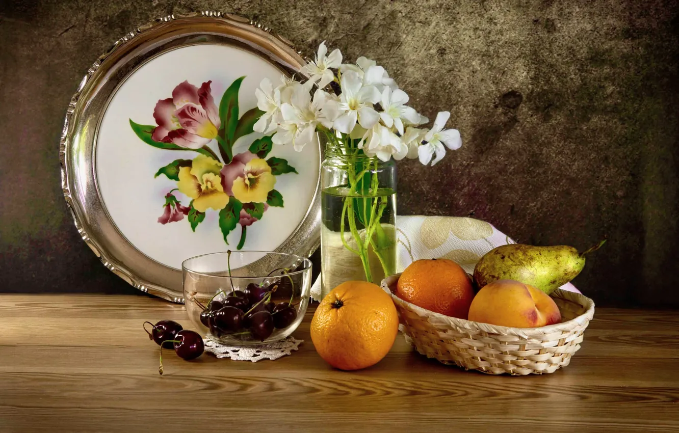 Photo wallpaper glass, flowers, cherry, table, wall, food, bouquet, oranges