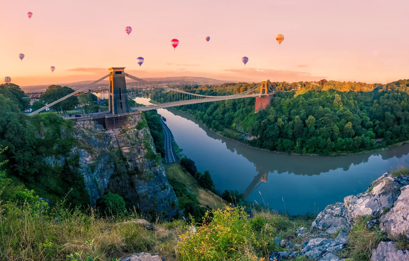 Photo wallpaper forest, the sky, trees, bridge, balloon, river, rocks