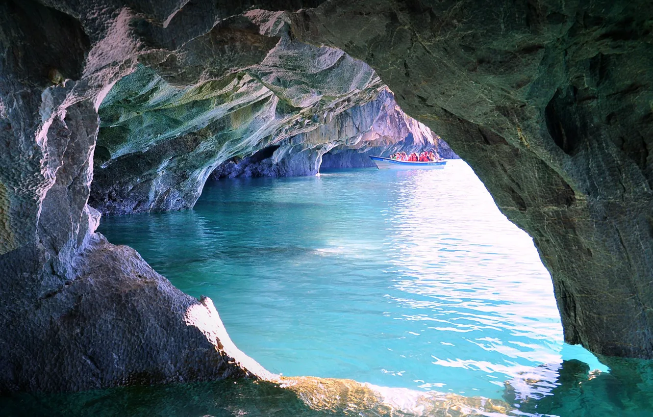 Photo wallpaper sea, nature, water, rocks, boat, Chile, cave, Patagonia