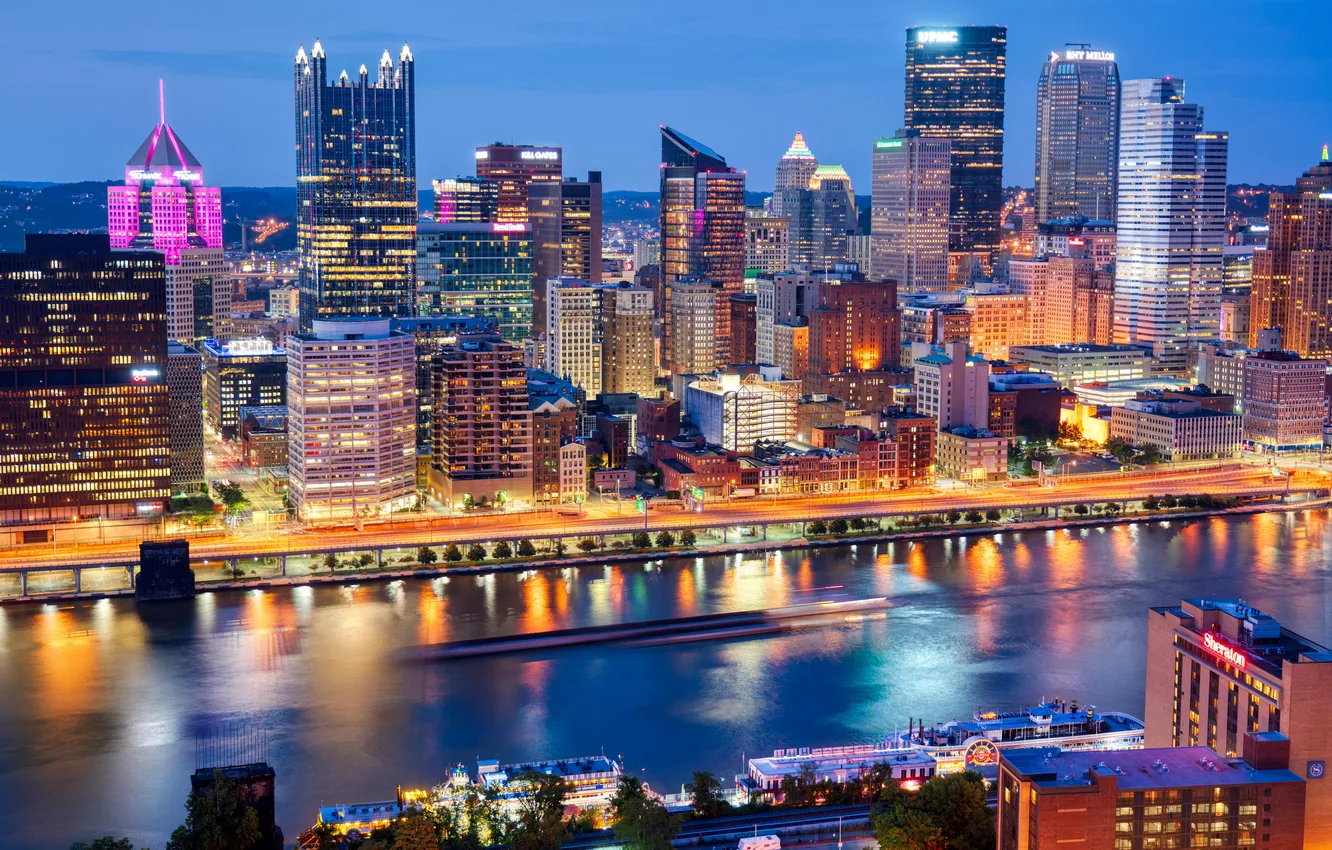 Photo wallpaper lights, USA, night city, Pittsburgh