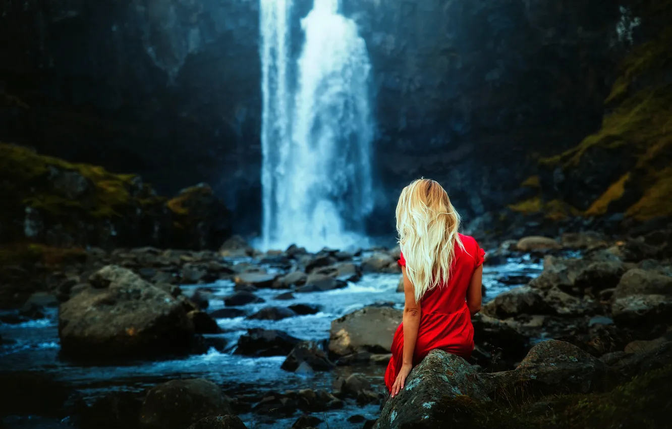Photo wallpaper girl, stones, hair, waterfall, blonde, Ronny Garcia
