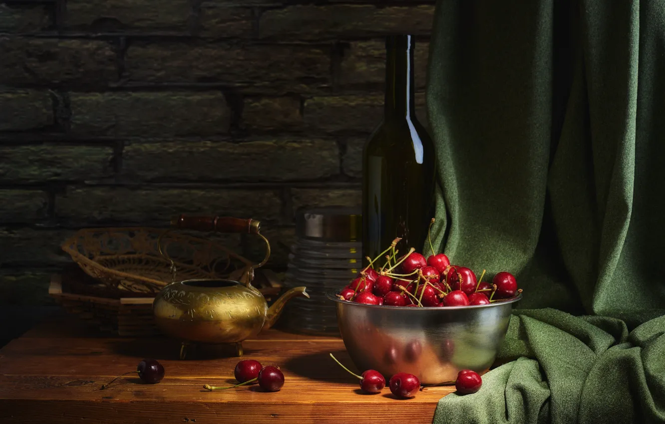 Photo wallpaper cherry, berries, the dark background, table, wall, bottle, food, kettle