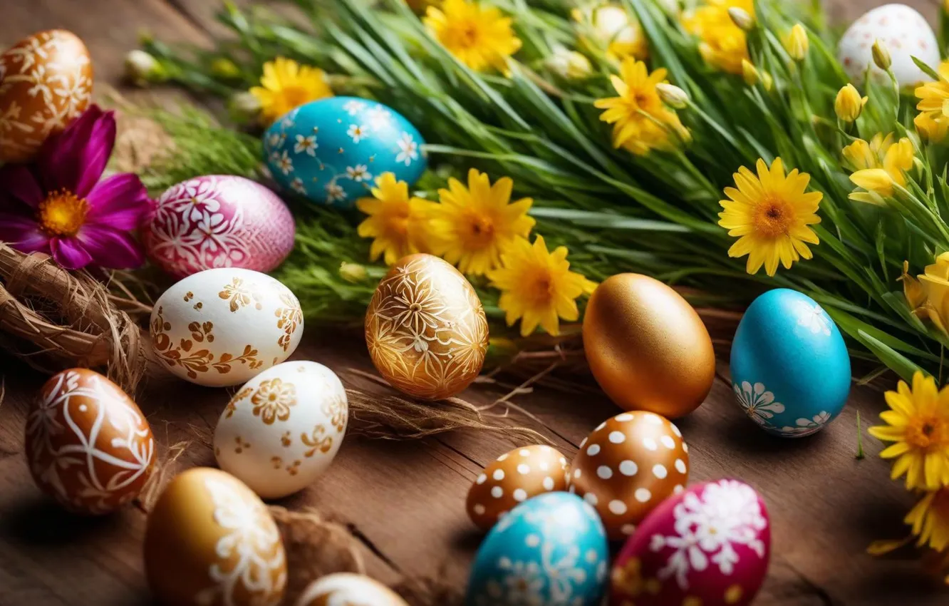 Photo wallpaper flowers, eggs, spring, colorful, Easter, flowers, spring, Easter