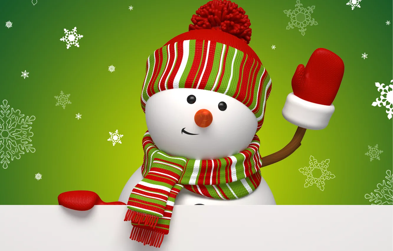 Photo wallpaper winter, snowflakes, green, holiday, graphics, new year, Christmas, snowman