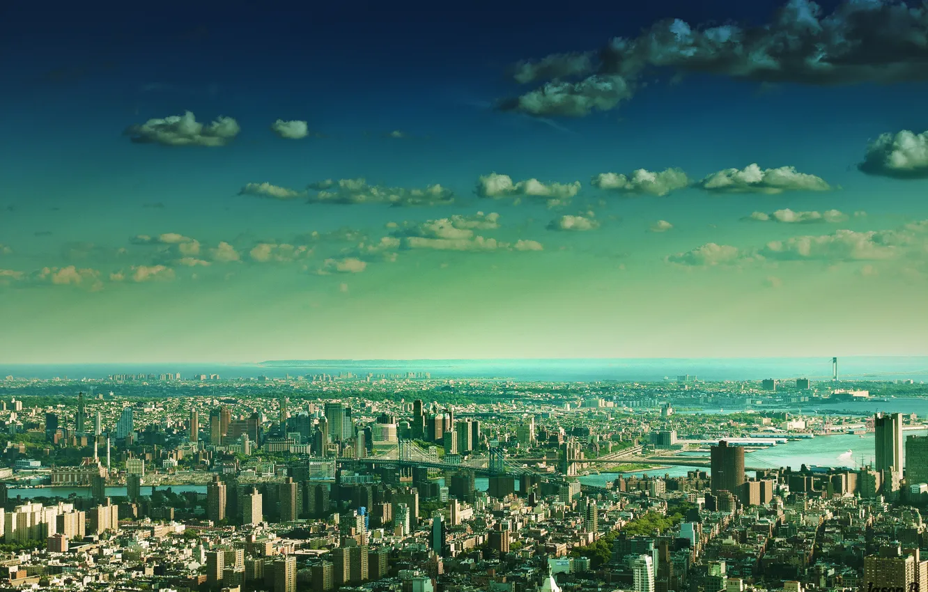 Photo wallpaper the sky, clouds, bridge, river, home, New York, horizon, USA