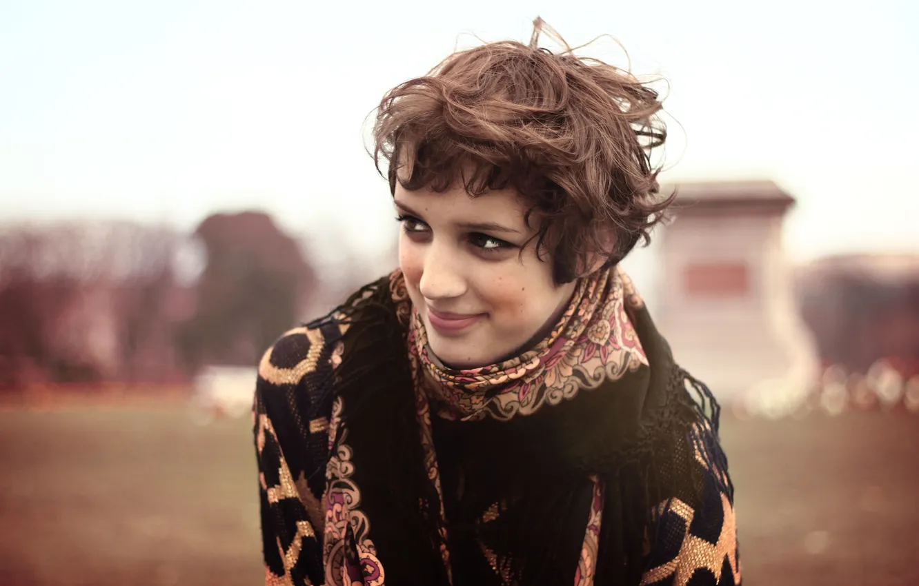 Photo wallpaper eyes, girl, smile, hair, scarf, lips, sweater, bokeh