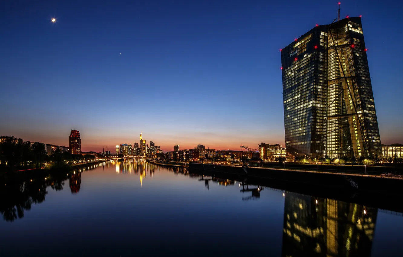 Photo wallpaper landscape, night, lights, the moon, home, Germany, Frankfurt am main