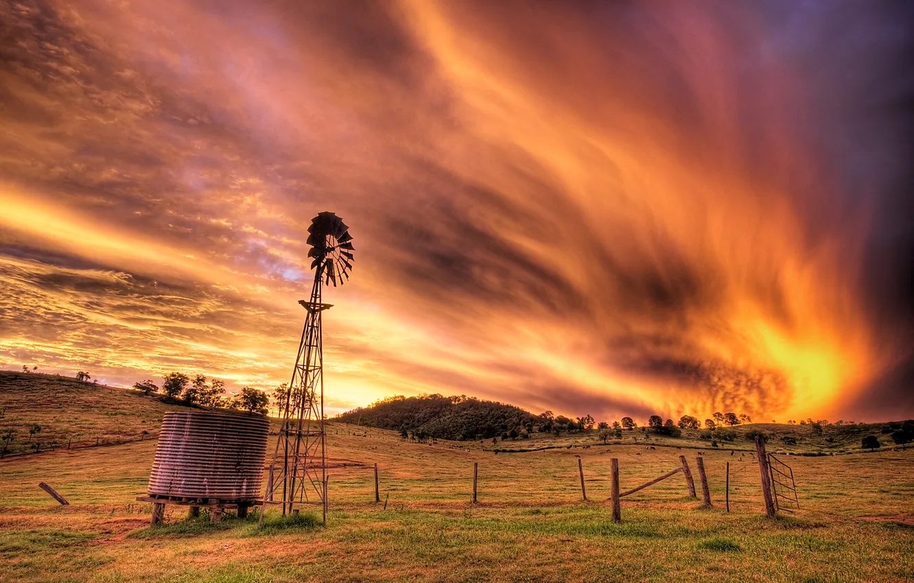 Photo wallpaper the sky, clouds, lights, flame, Australia, farm