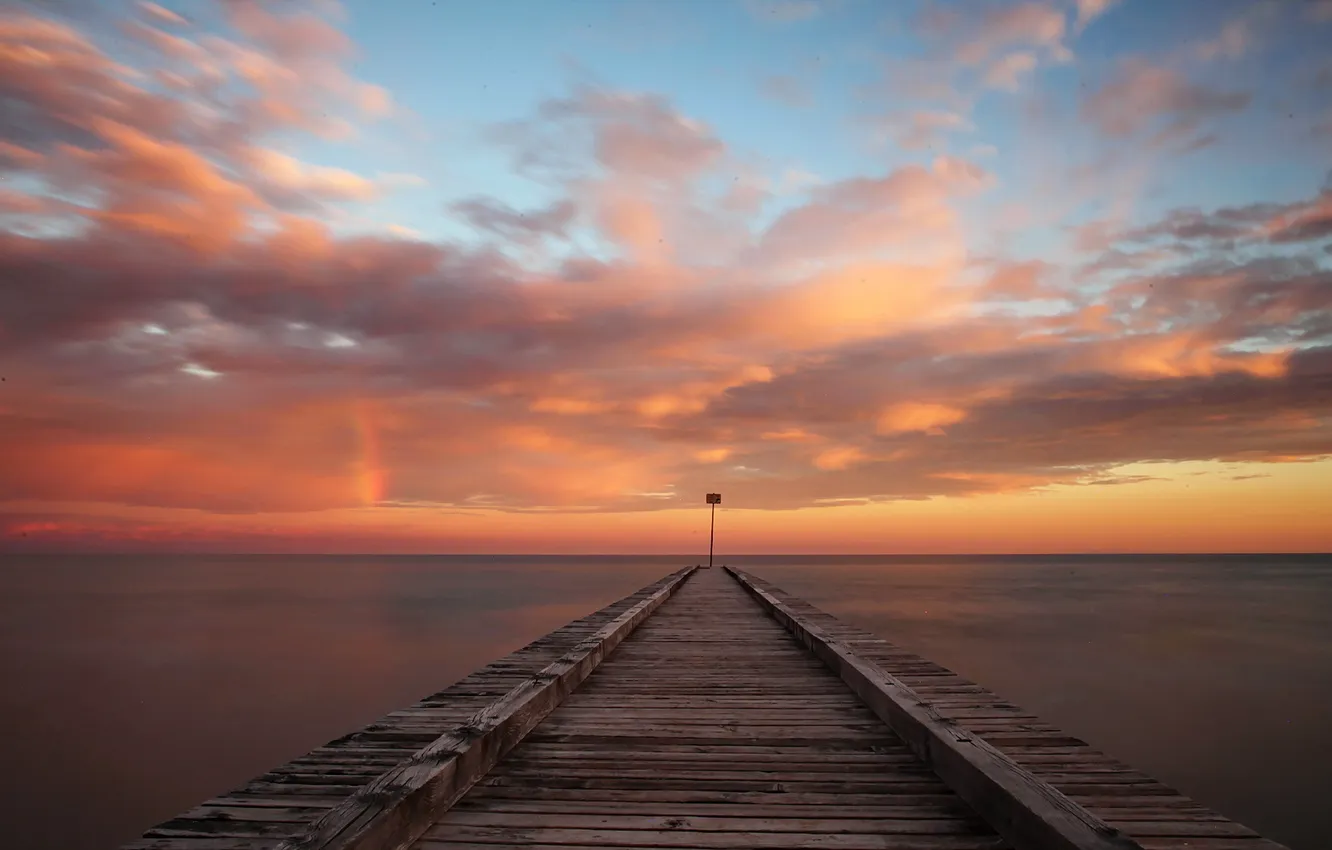 Photo wallpaper sea, landscape, sunset, bridge