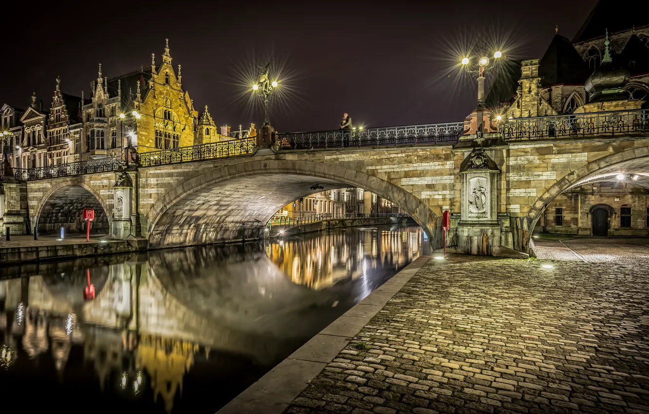 Photo wallpaper night, bridge, lights, river, home, lights, channel, Belgium