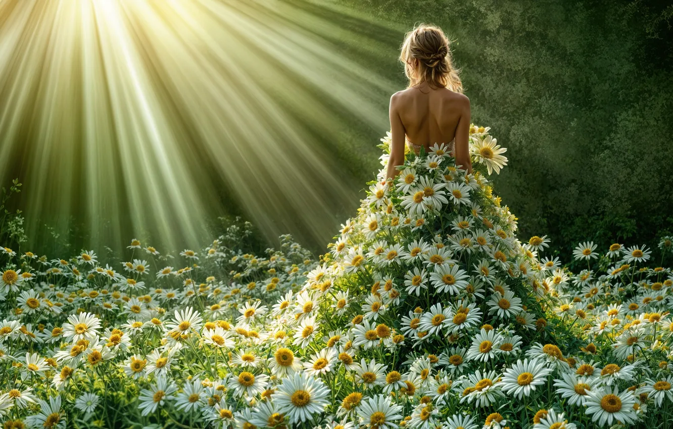 Photo wallpaper BLONDE, GREENS, DRESS, FLOWERS, BACK, LIGHT, SPRING, CHAMOMILE