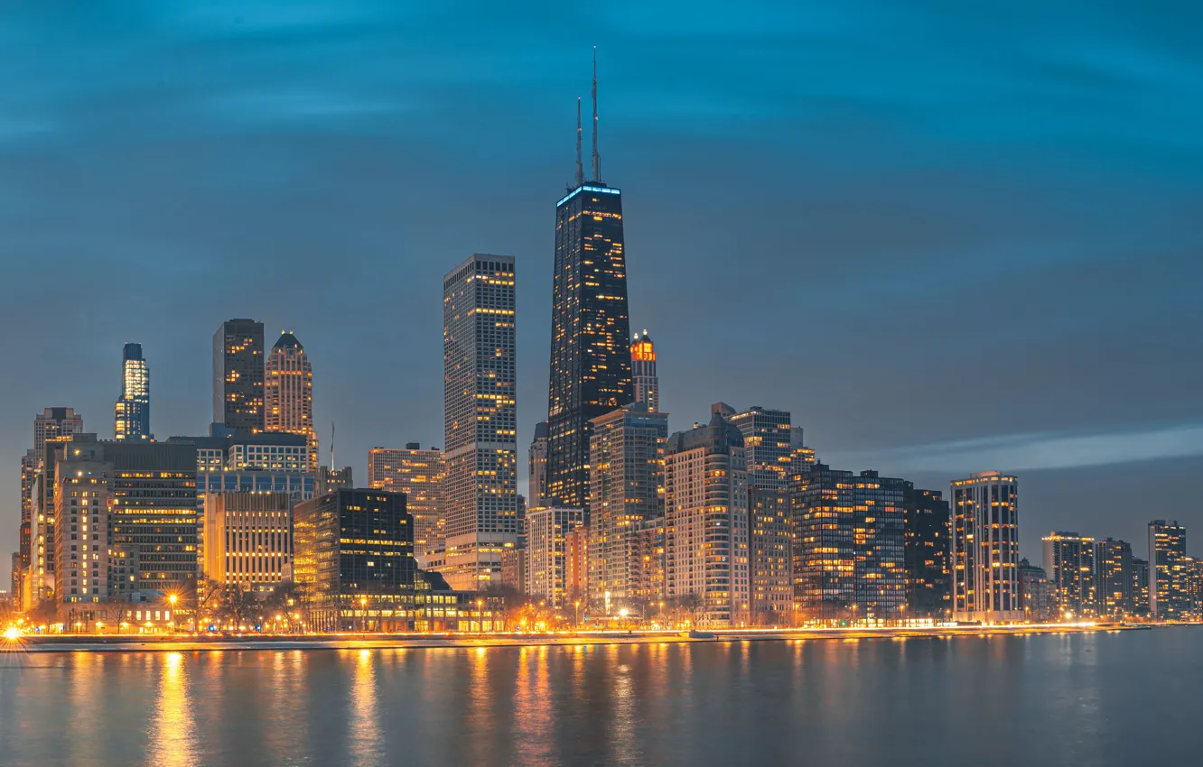 Photo wallpaper lake, building, home, skyscrapers, Chicago, panorama, Il, night city