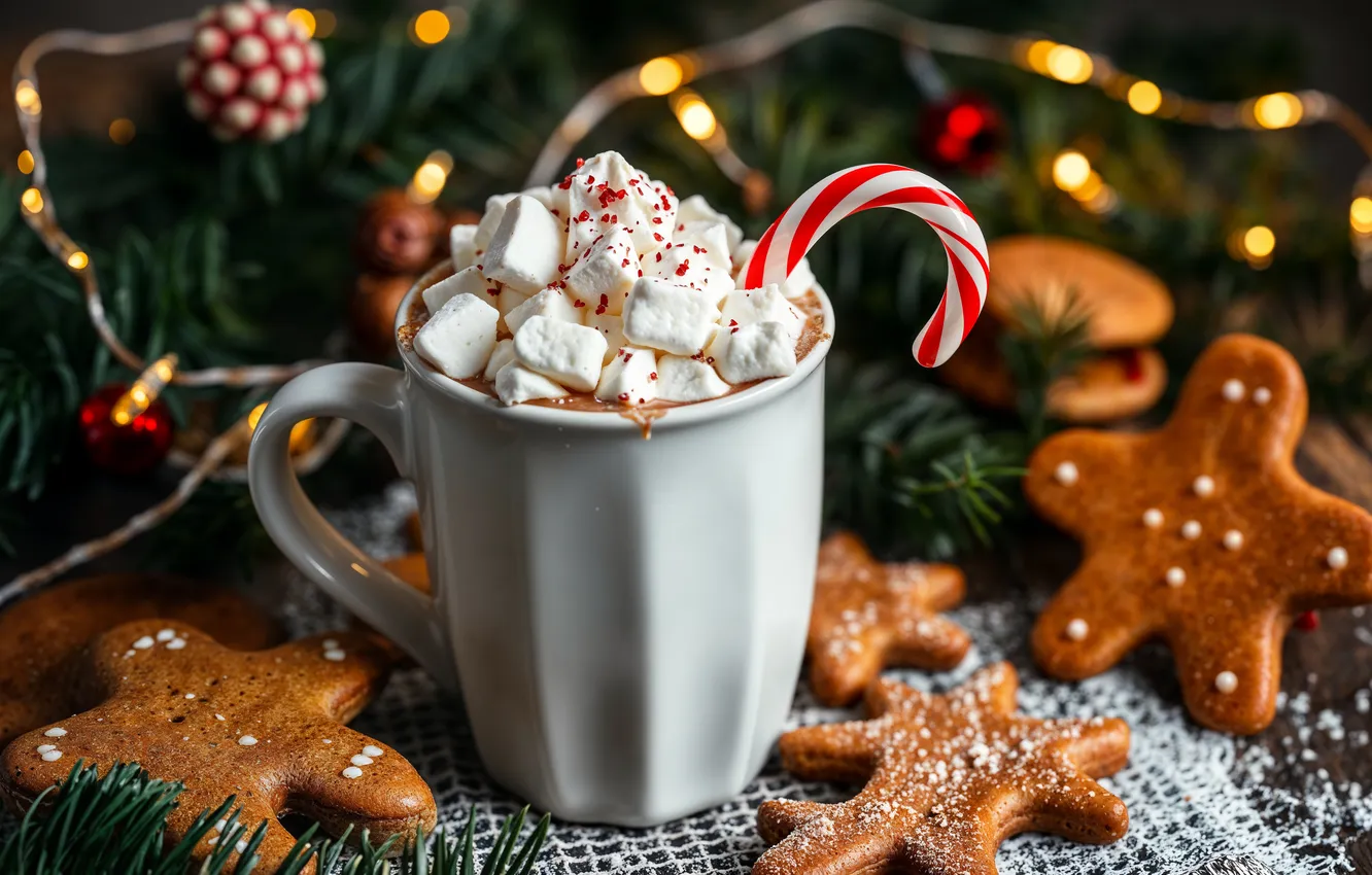 Photo wallpaper decoration, new year, Christmas, mug, Christmas, cup, cocoa, cookies