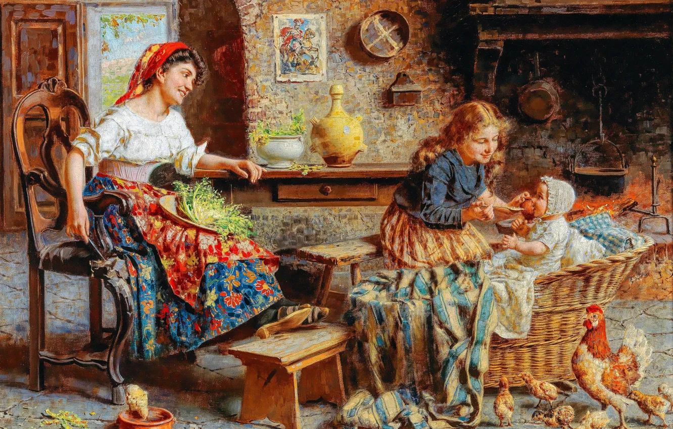 Photo wallpaper children, smile, woman, picture, chicken, family, Italian painter, Eugenio Zampighi