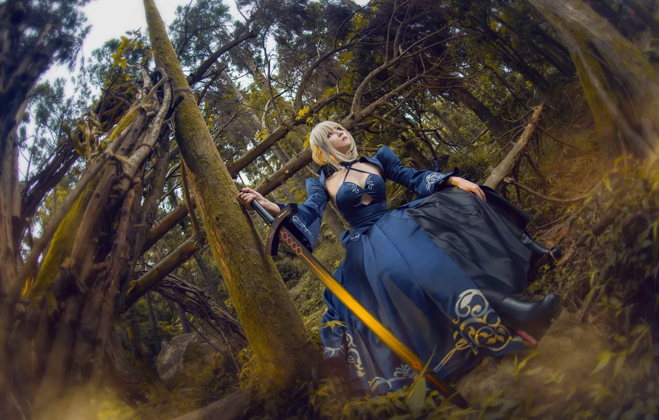 Photo wallpaper forest, look, girl, trees, branches, blue, pose, style