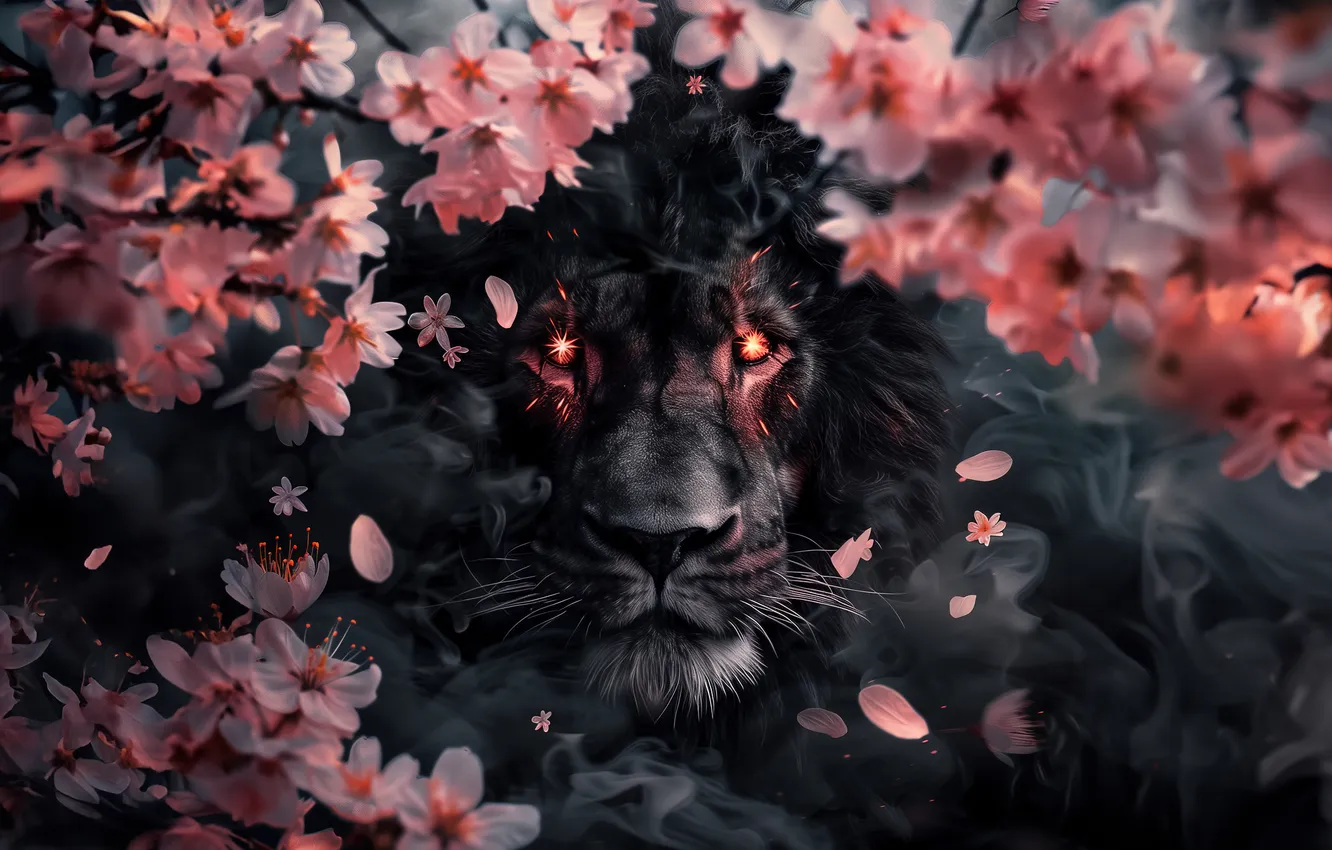 Photo wallpaper Sakura, Cherry blossom, Lion, Smoke, Animals, AI art