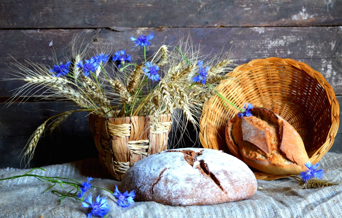 Photo wallpaper wheat, spikelets, bread, still life, cornflowers
