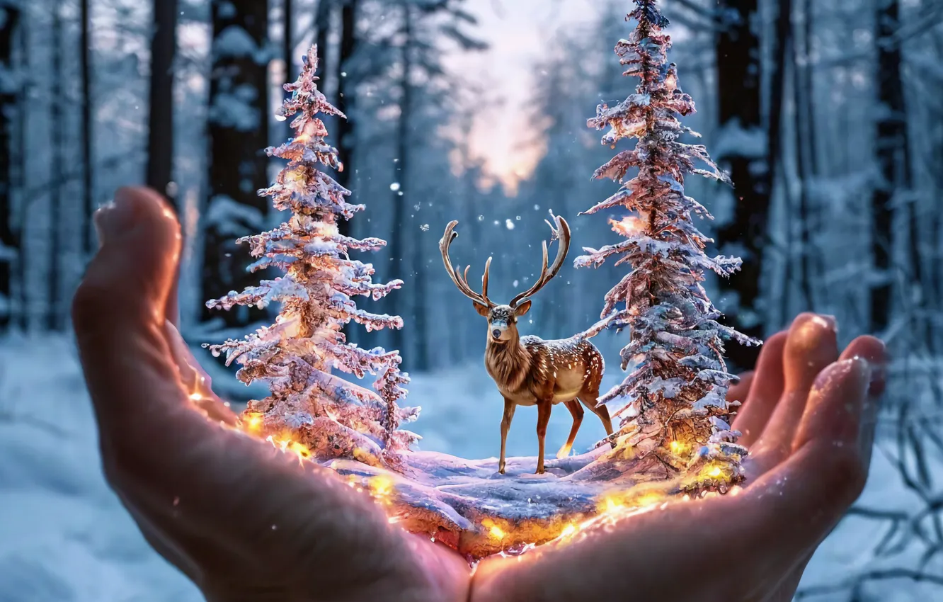 Photo wallpaper winter, snow, tree, new year, deer