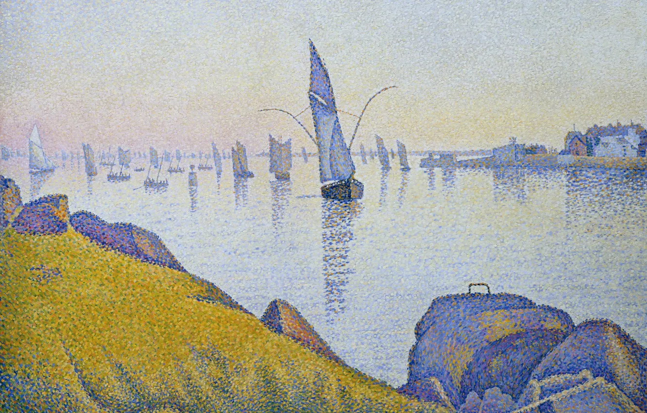Photo wallpaper landscape, boat, picture, sail, Paul Signac, pointillism, Concarneau. Evening Calm