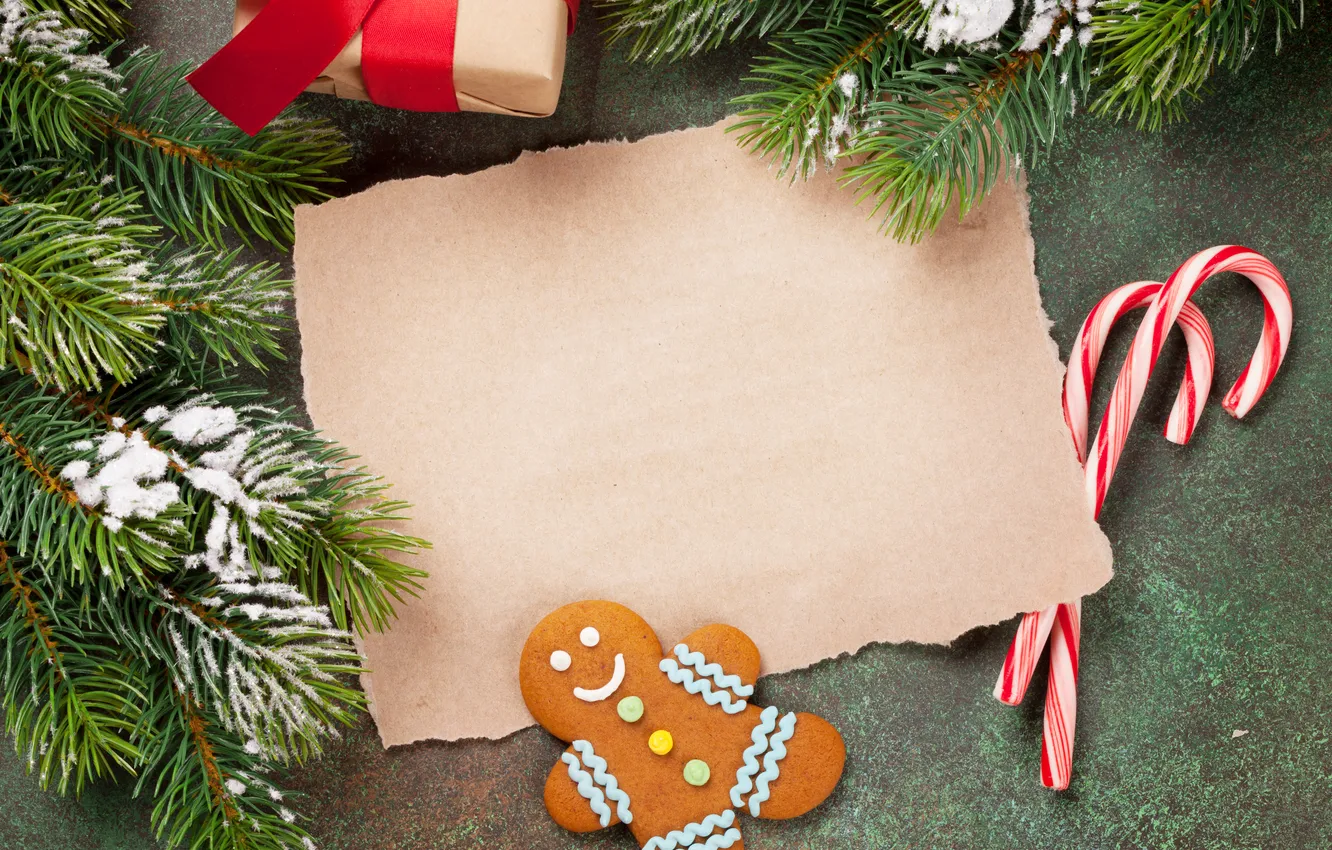 Photo wallpaper paper, background, cookies, Christmas, background, snow, postcard, decoration