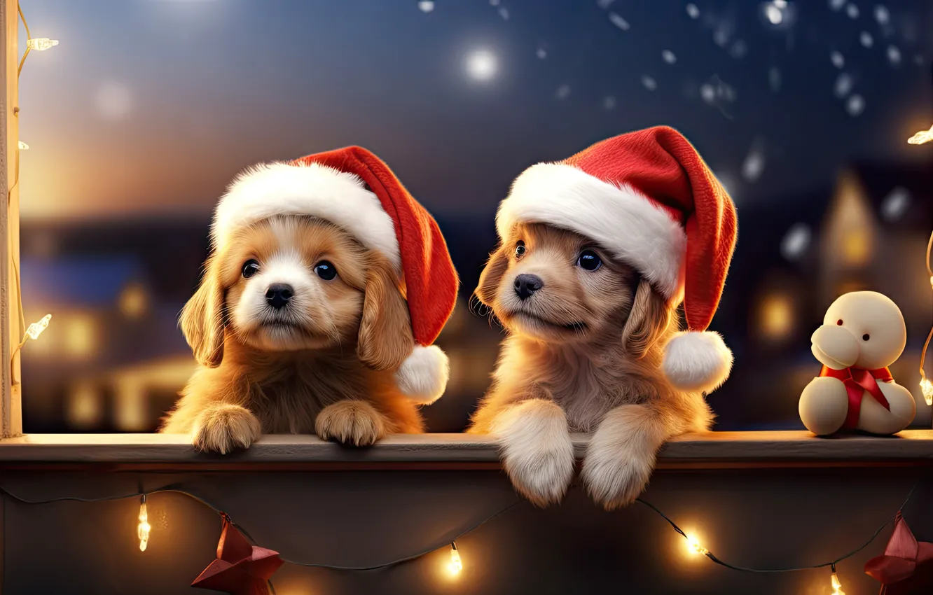 Photo wallpaper dogs, look, lights, dog, Christmas, gifts, New year, a couple