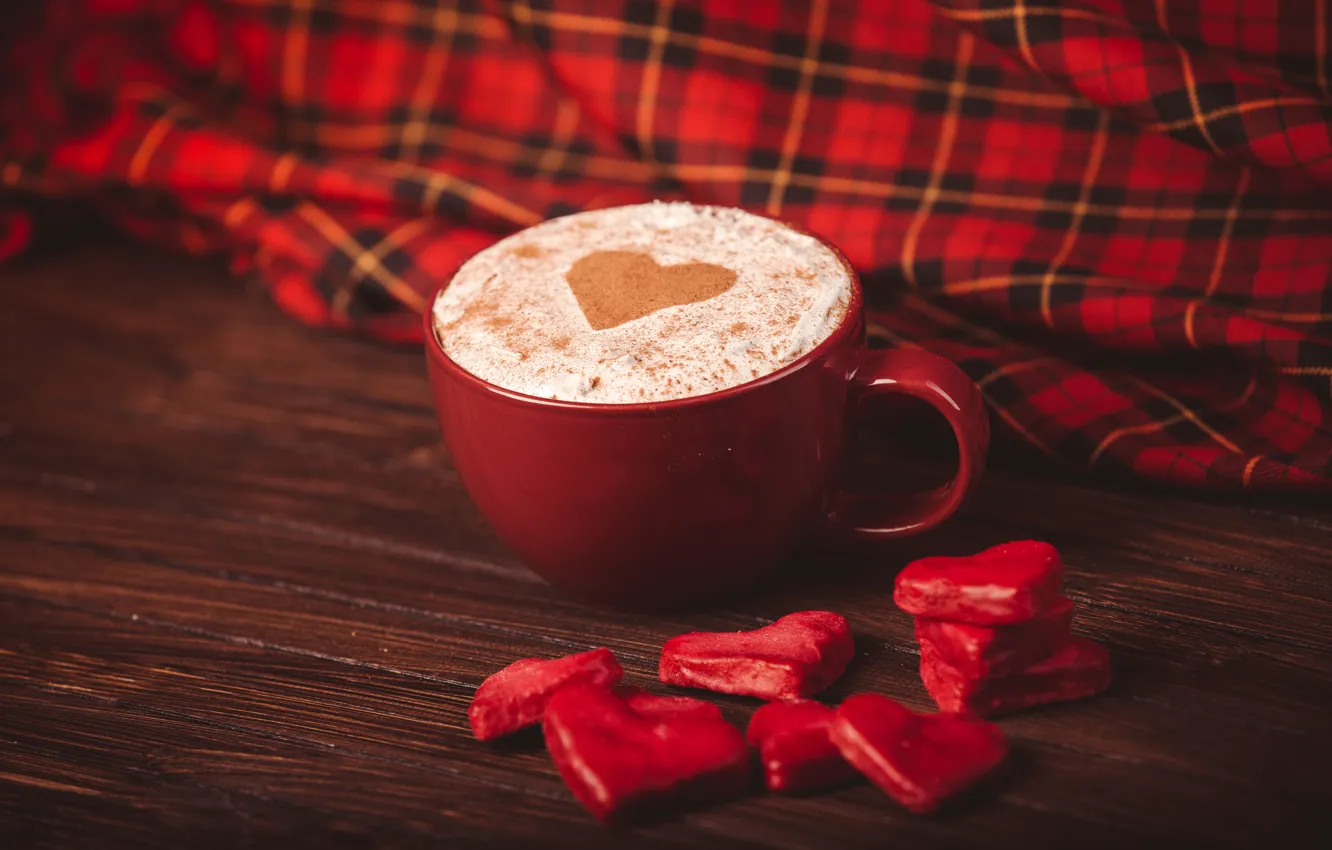 Photo wallpaper red, heart, coffee, candy, Cup, hearts, cappuccino, napkin